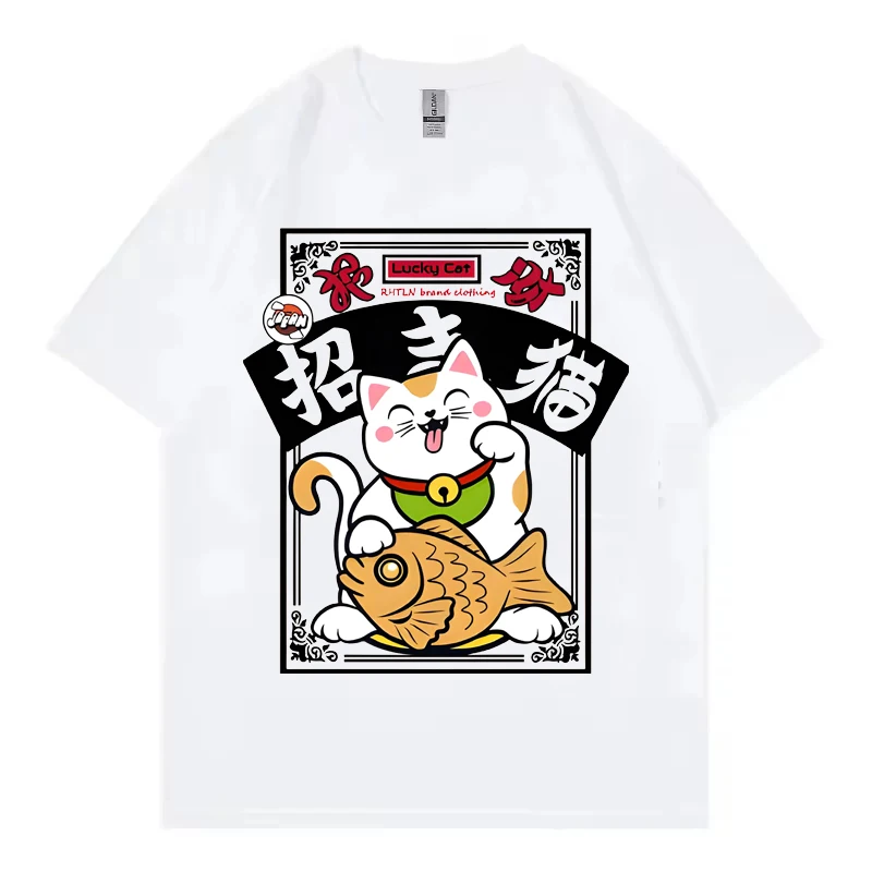 Hip hop streetwear Harajuku T-shirt Japan Fortune Cat 2025 men's summer 100% cotton casual short sleeved T-shirt Japanese style