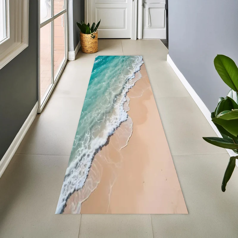 Ocean Beach Runner Rug Coastal Hallway Runner Sea Wave Shore Rug Non Slip Long Runner Beach House Home Decoration