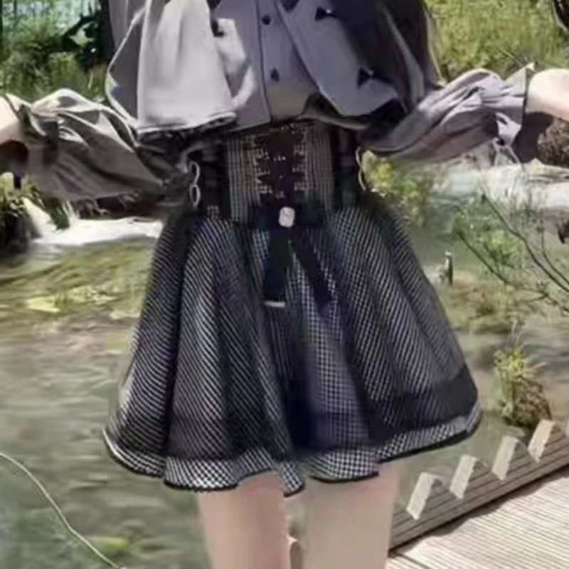 Japanese Gothic Lolita Style Skirt Set Women Sweet Bow Long Sleeves Cloak Shirts Plaid Mini Cake Skirts Korean Harajuku Y2k Suit view 6