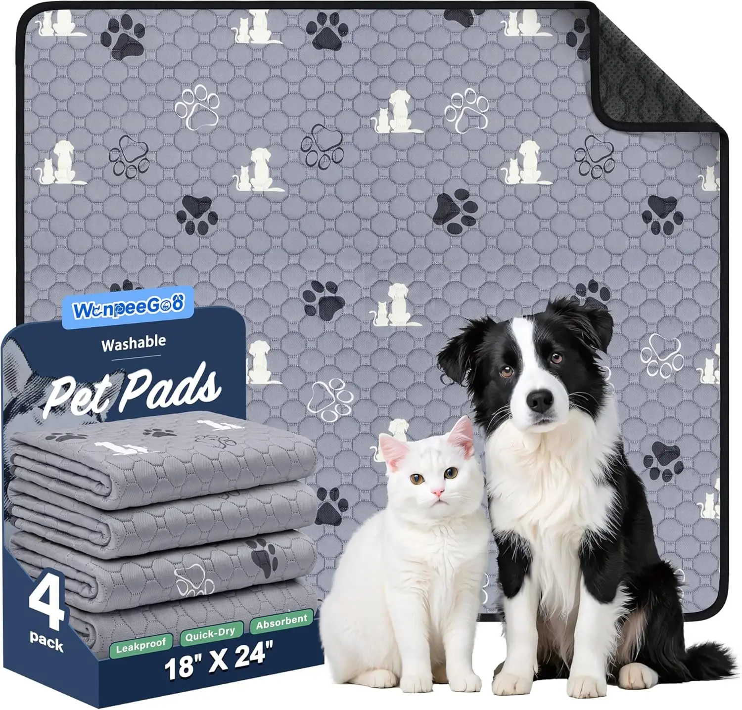 

Reusable Washable Dog Pee Pads, 4 Pack Absorbent Non-Slip Training Pads for Puppies, 18x24 Inches Grey