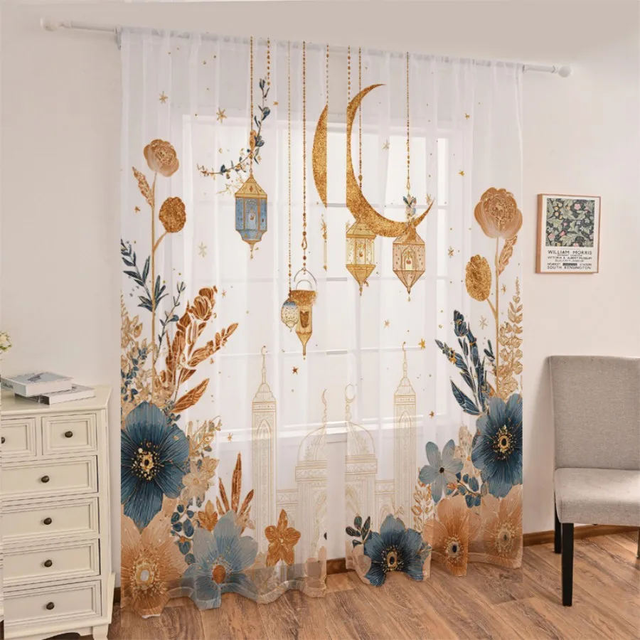 2PCS Digital Print Sheer Curtains, Golden Lamp Blue Flowers, Elegant Contrast Floral for Bedroom Living Room Home Decor