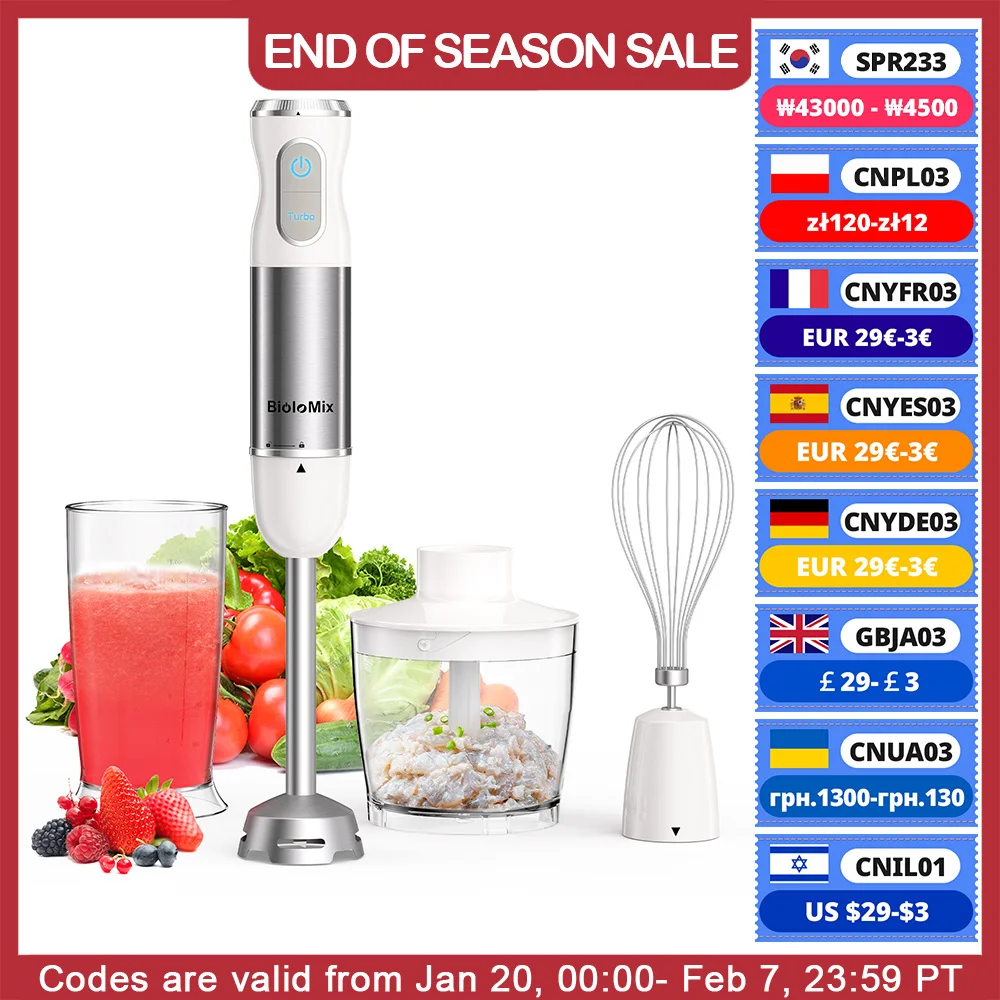 BioloMix 1000W 4-in-1 Immersion Hand Stick Blender Mixer Vegetable Meat Grinder 500ml Chopper Whisk 600ml Smoothie Cup