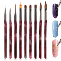 New 1/9PCS Wine Red Ink-Style Acrylic Nail Art Brush Set - Nail Extension Tool Pro Salon Home DIY Manicure Painting Design Kit