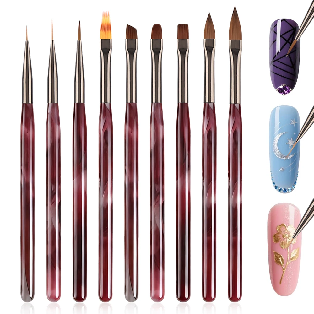 1/9PCS Nail Art Brush Set Acrylic Wine Red Liner Flat Angled Ombre French UV Gel 3D Sculpting Manicure Painting Salon Home DIY