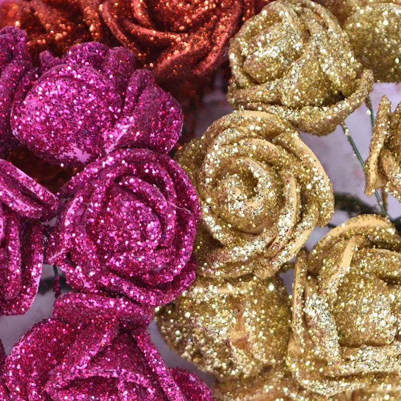 

10-36pcs Glitter Rose Red Red Pink Gold Artificial Rose Foam Flower Bouquet Bride Party Wedding Party Decoration Fake Bouquet