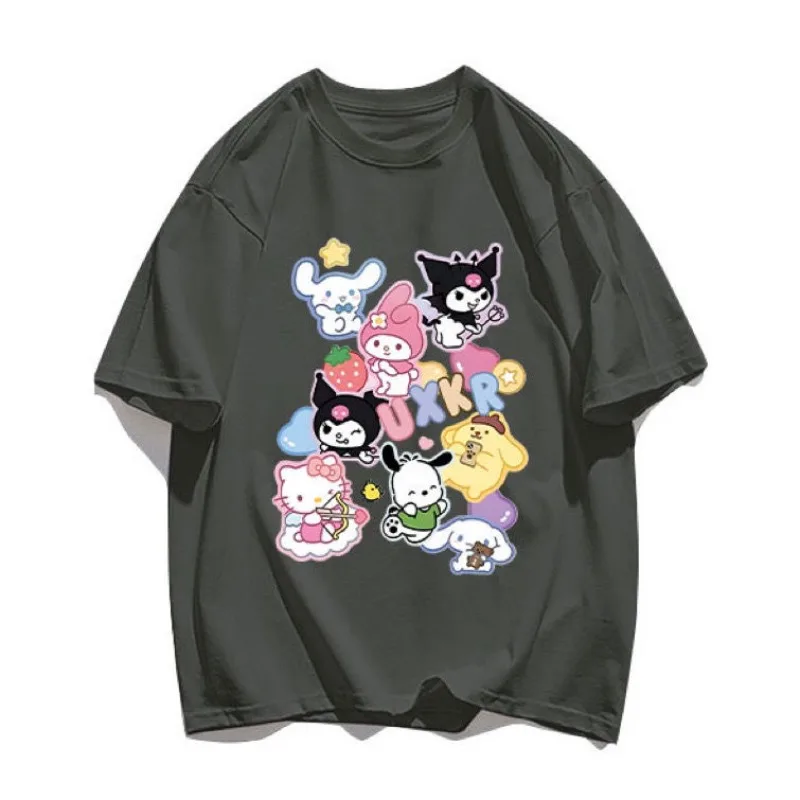 Sanrio Kuromi Short Sleeved Y2k Tops Harajuku Loose O-Neck Hello Kitty Printed Oversized Graphic T Shirts 2024 Summer New 2000s