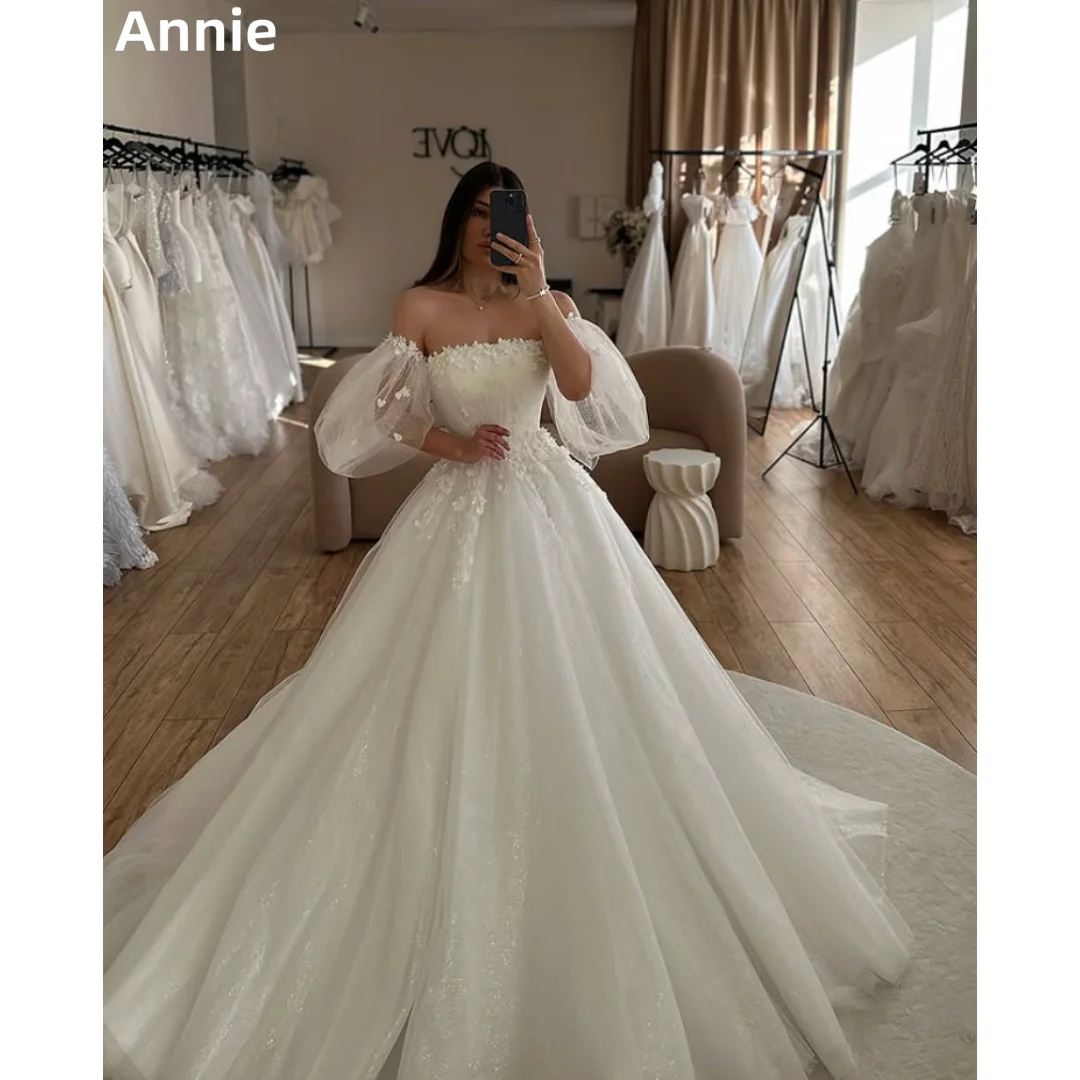 Annie-Vestidos De graduación blancos con purpurina, Vestidos De noche De princesa con mangas abullonadas, Vestidos De Fiesta bordados De tul personalizados
