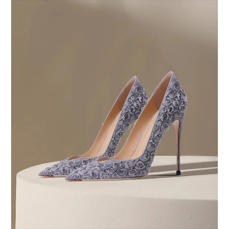 

2025 New Elegant High Heel Rose Grey Women Dress Shoes Pointed Toe Slender Stiletto