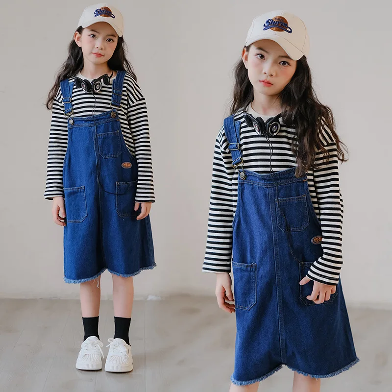 

Korean Spring Autumn Junior Girl 2-Piece Sets Teenager Girl Striped Long Sleeve Top+Denim Suspender Skirt Set For Girls 4-12Yrs