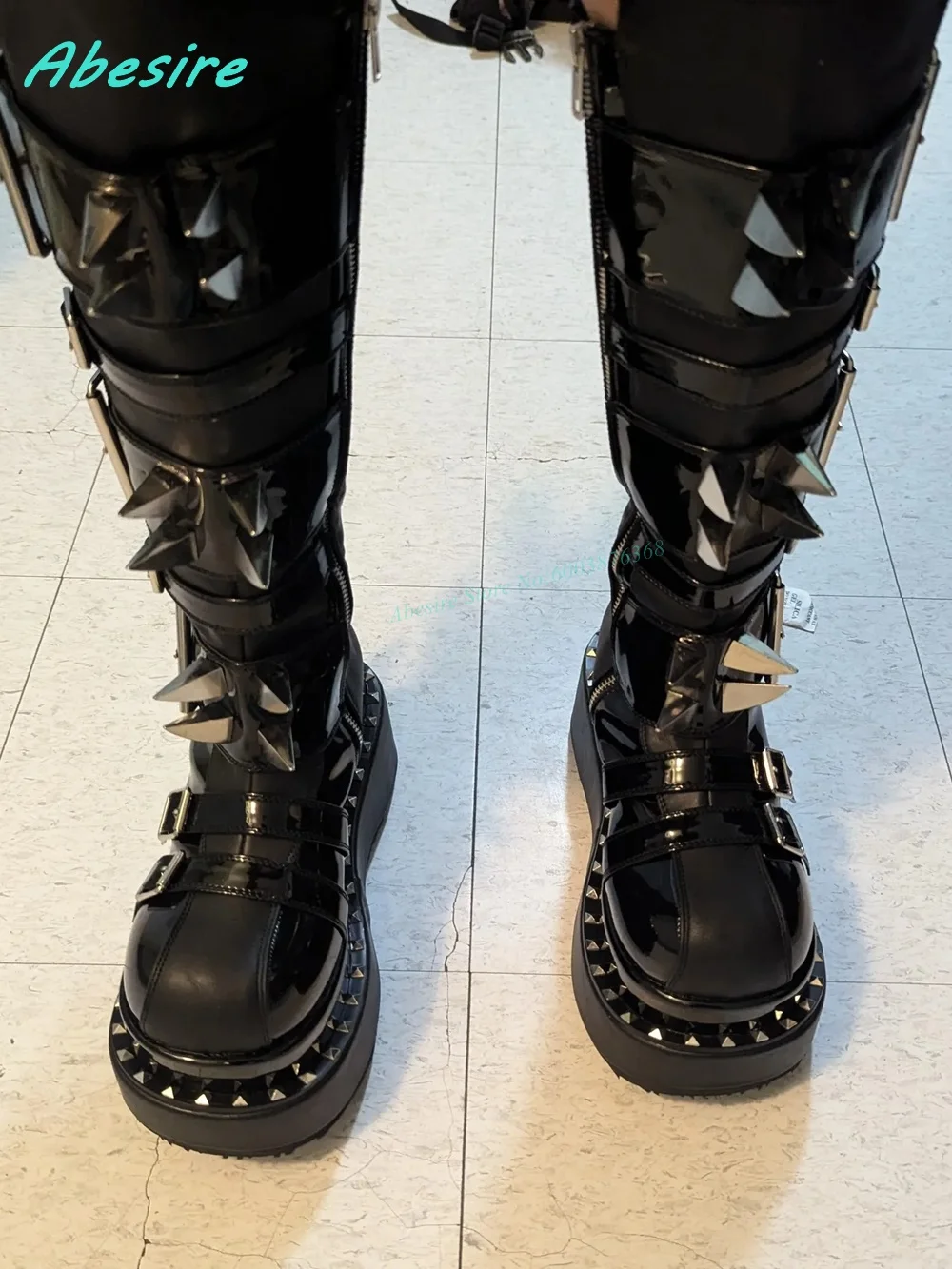Lolita Punk Rock Goth Shoes Patent-Leather Patchwork Multi-Buckles Knee High Boots Round Toe Thick Sole Zipper Shoes for Women