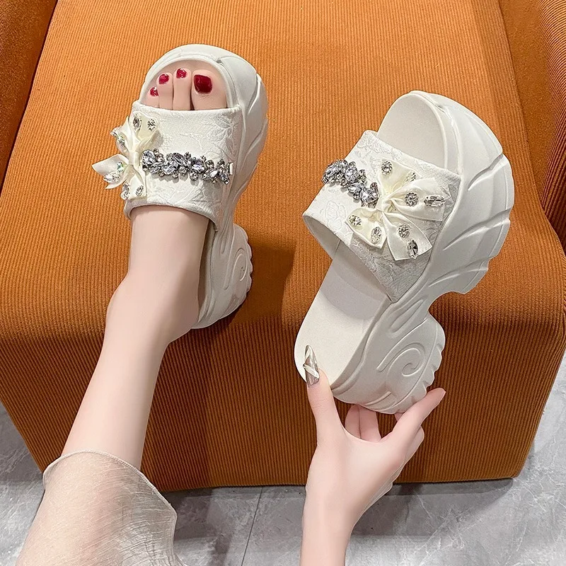 9CM Women Bling Chunky Slippers Summer Ladies Beach Flip-Flops Wedges Heels Outside Sandals Woman High Platform Leather Shoes