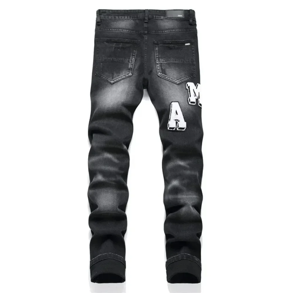 New Style Export Quality Small Foot Stretch Denim Pants Casual Scene Trendy Black Hole Punching Embroidery Men's Jeans