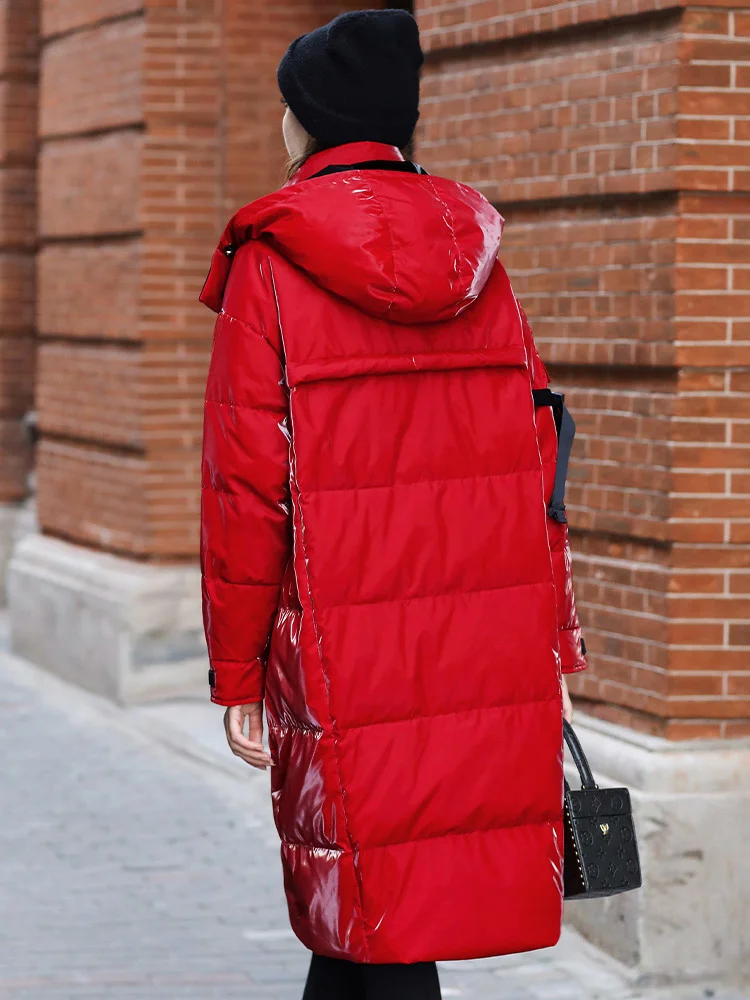 Fato elegante de esqui ganso, comprimento médio com capuz, espessado e resistente ao frio, sem lavagem, Patty na moda, 2022