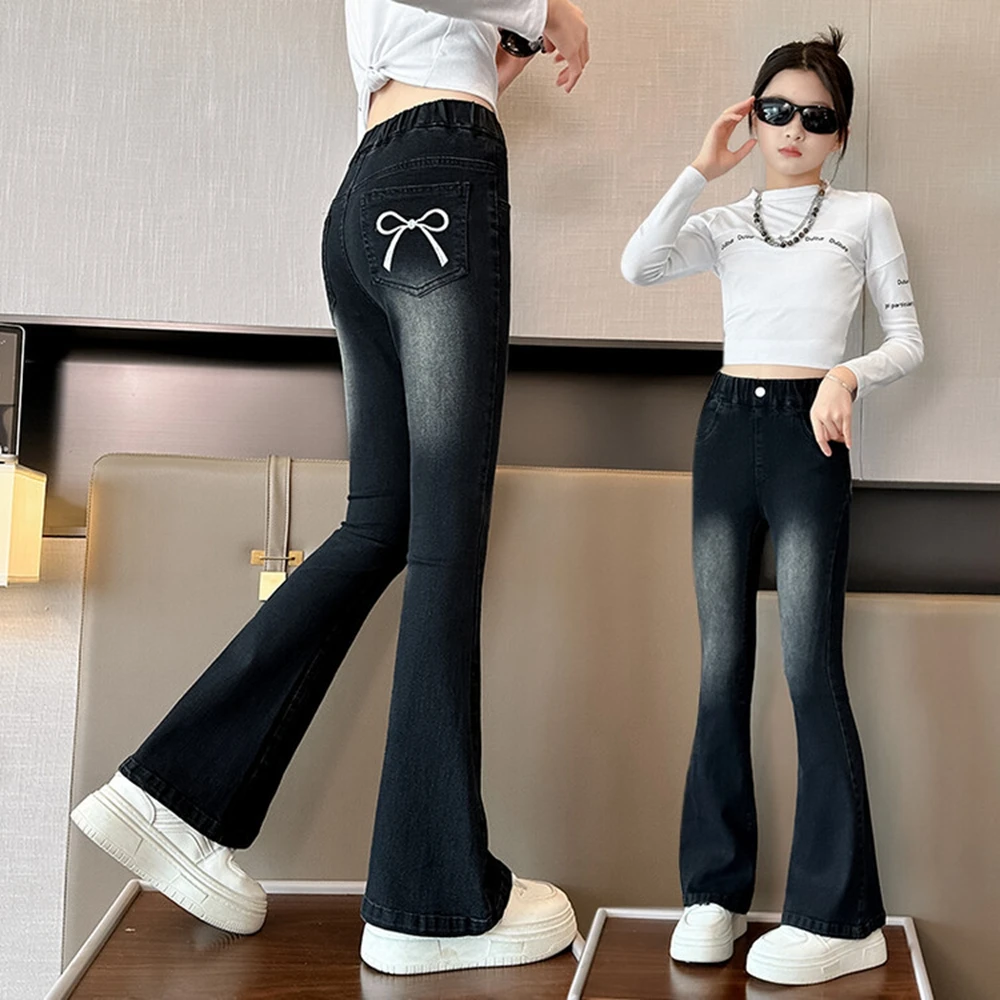 New Fashion Girls Split Flare Gradient Jeans for Kids School Streetwear Casual Solid Color Denim Pants Children Korean Trousers