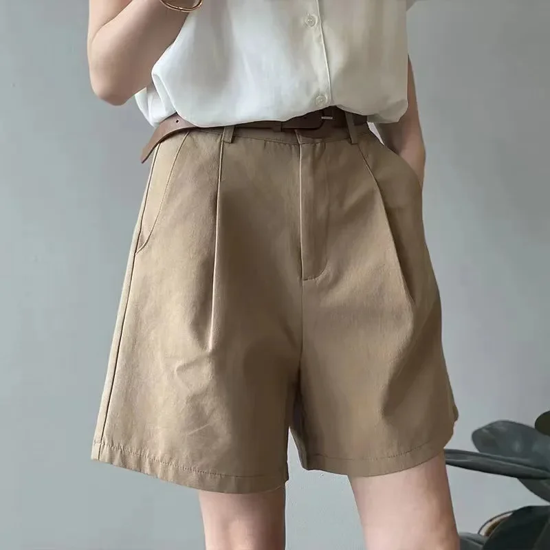 Verão perna larga shorts feminino escritório cintura alta terno shorts bege oversize solto botão sólido clássico casual shorts com cinto novo