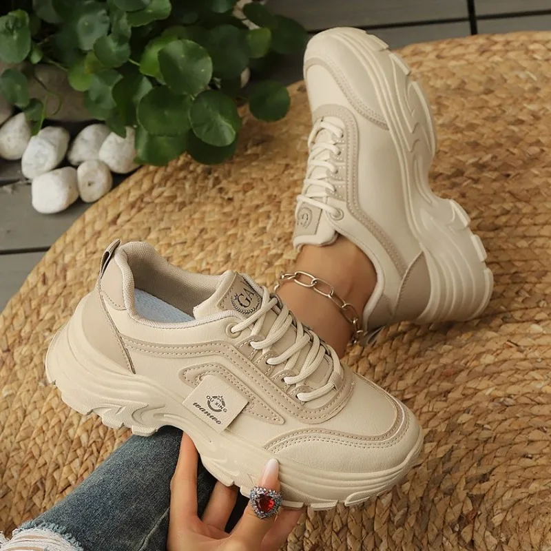 

Women's Sneakers Round Toe Leather Look Panel Lace Up Wavy Sole Outdoor Daily Classic Footwear Textured Upper Low Top Stitched