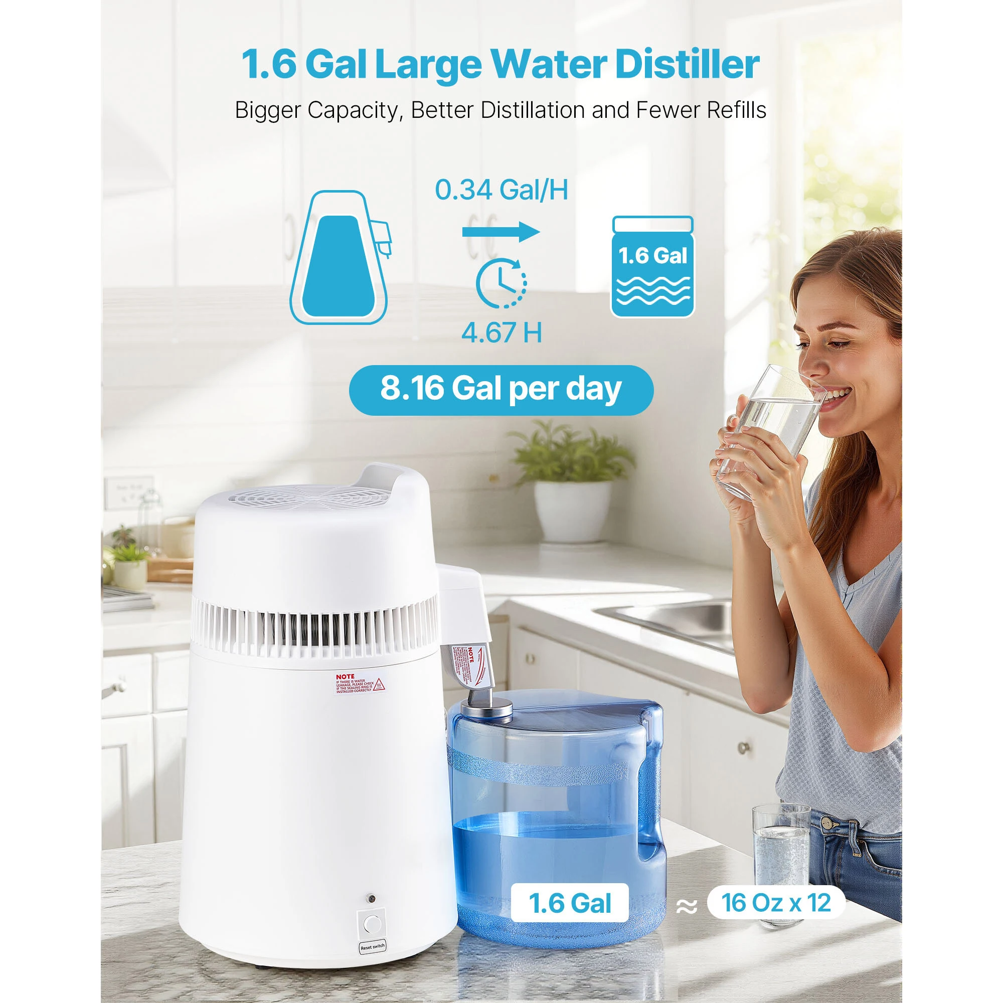 SucceBuy Water Distiller 6L 1.6 Gallon Larger Pure Water Purifier Filter For Home Table Countertop 900 W Distilled Maker White