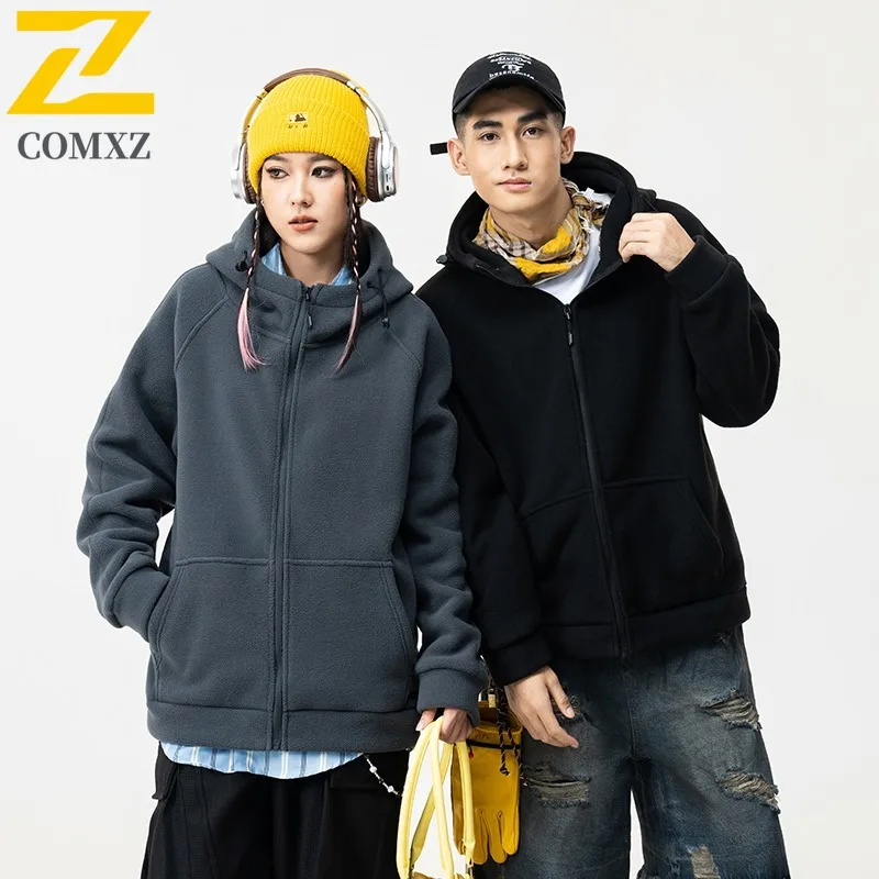 

COMXZ Men Fleece Jacket 2025 Warm Hooded Loose Fit Casual Windproof Hiking Camping Travel Coat Winter Breathable Thick Jacket