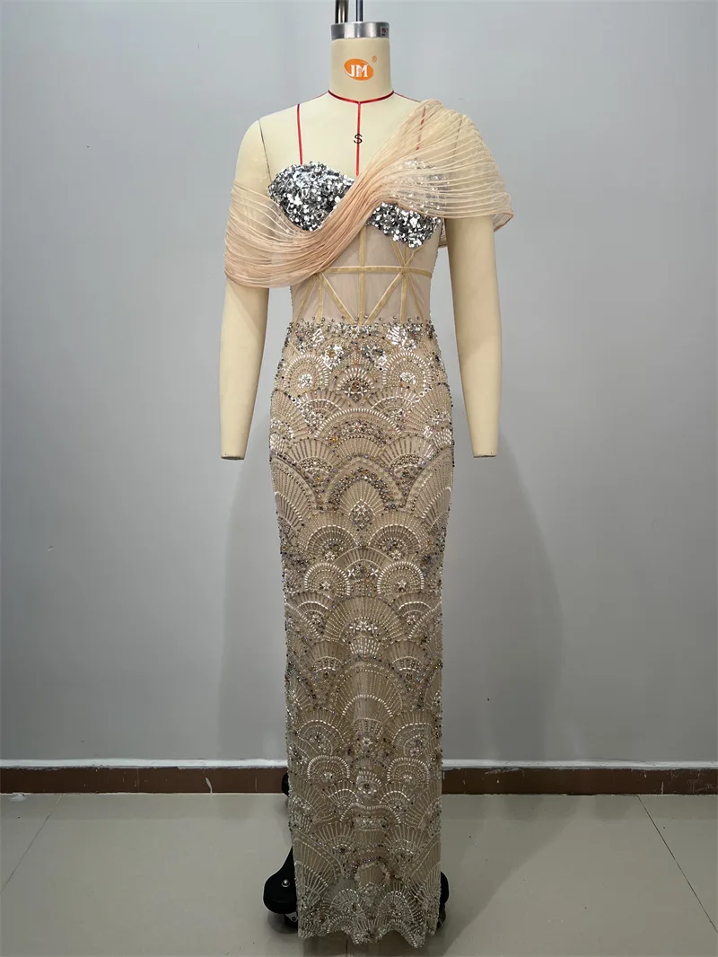 Luksusowa Sukienka Wieczorowa Damska z Kryształami i Perłami, Szampańska, Seksowna, Bez Rękawów, Długa, Formalna, Ołówkowa, na Bal, Konkurs Piękności, Imprezę, Wesele, Szata