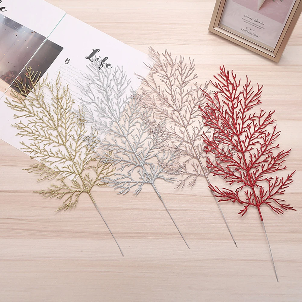 

Artificial Christmas Glitter Leaves Tree Branch DIY Christmas Tree Wreath Hanging Decorations Pendant Scrapbook For Wedding