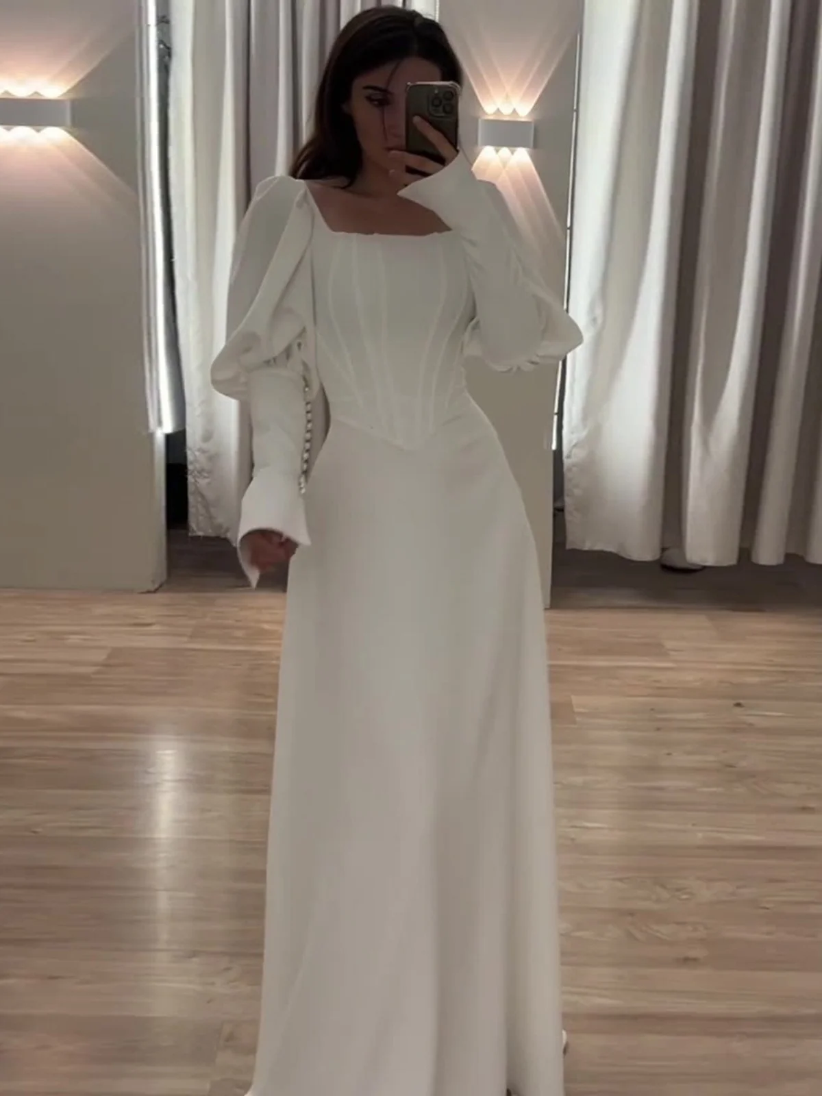 Długa sukienka damska Ele z wysokim stanem, kwadratowym dekoltem, elegancka, dopasowana, na wiosnę, jesień i zimę, codzienna.