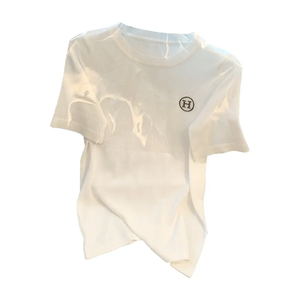 

Women's Short-Sleeve Ice Silk T-Shirt Embroidered White Loose Knit Top for Spring Summer Commuter Style