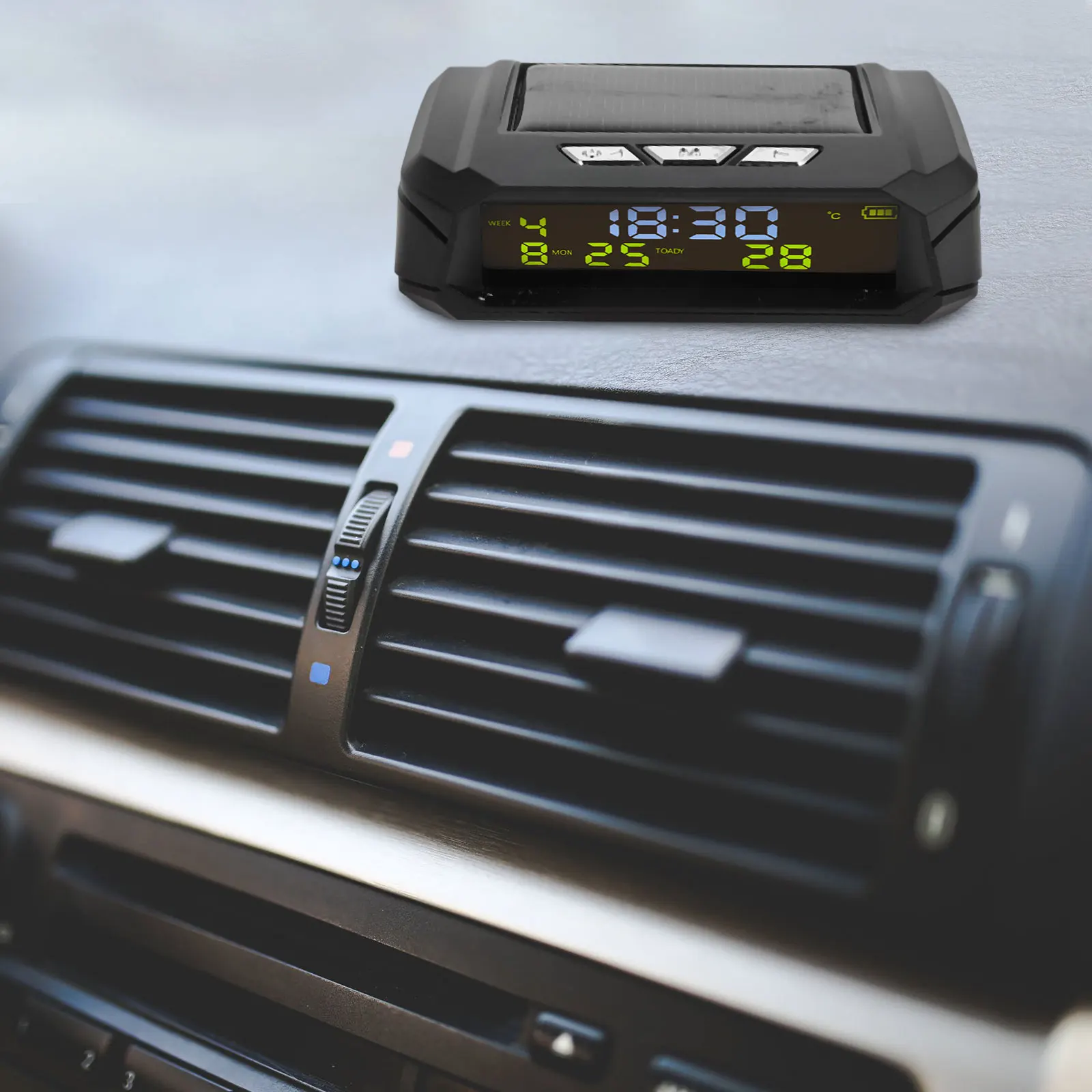 

Solar Powered Car Clock Thermometer Mini Digital Display Dashboard Date Time Temperature Multifunction Car Component Truck