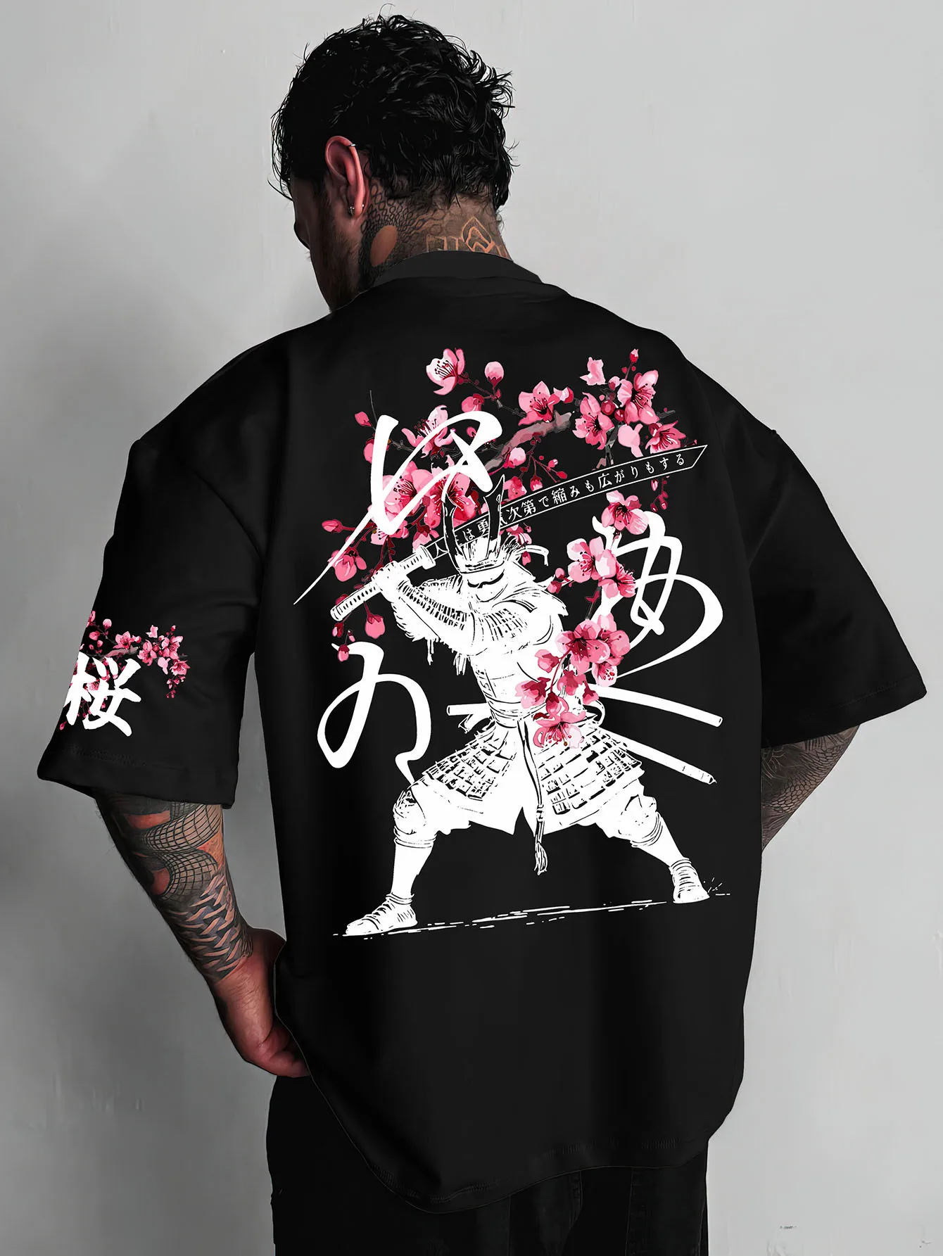 T-shirt 100% coton pour hommes, avec impression de lame de samouraï japonais et de fleurs de cerisier, à manches courtes, confortable, pour usage quotidien, été