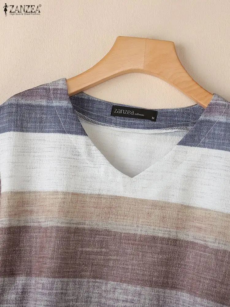 Elegante abito da donna a righe in colore a contrasto Estate 2025 Scollo a V Manica corta Allentato Casual T-shirt al ginocchio Abiti da indossare ogni giorno