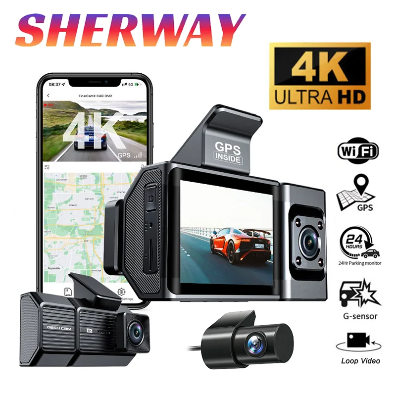 4K*1080P Dash Cam UHD 3 Channel Car DVR Recording Dashcam DVR Night Vision Video Recorder Wi-Fi Support 3-Lens GPS Car Camera