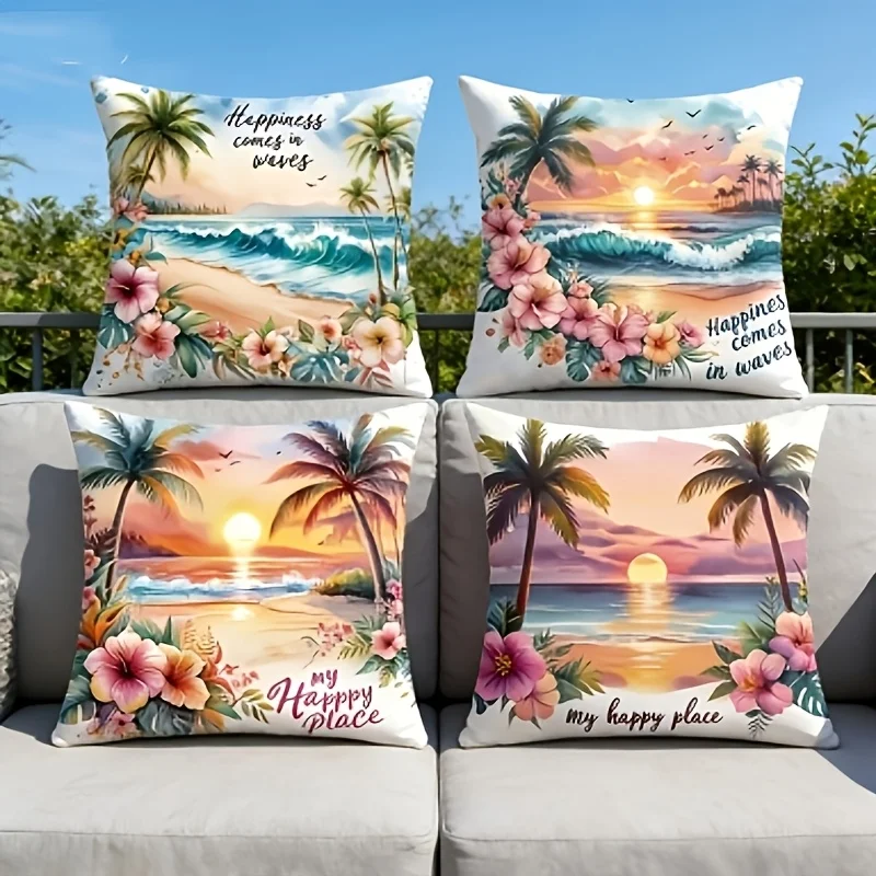 4Pcs Beach Sunset Pillow Covers 40x40cm Double-sided Printed Palm Tree Ocean Wave Cushion Cases Tropical Home Decor No Insert
