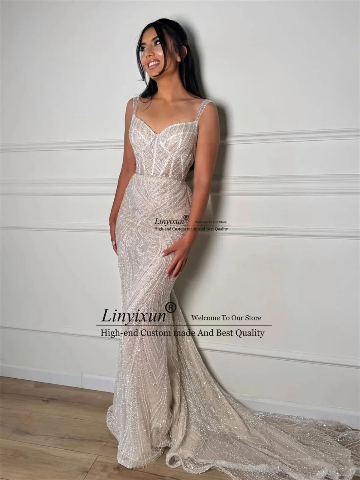 ชุดราตรีทรงเมอร์เมดแบบอาหรับ ประดับคริสตัล งานเลี้ยงกลางคืน งานกาล่า ชุดราตรีเซ็กซี่แบบ Aso Ebi  สามารถสั่งตัดได้ พร้อมชายกระโปรงยาว