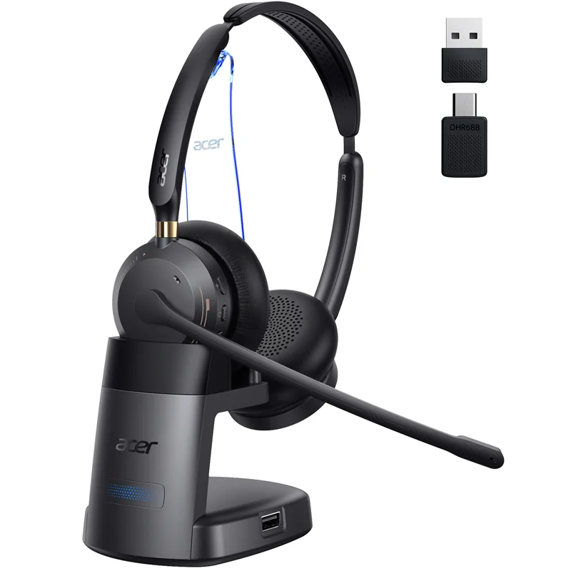 Fone de ouvido Acer Bluetooth 5.3 e 2.4G para chamadas e reuniões nítidas, sem fio, com microfone para trabalho, remoção e escritório
