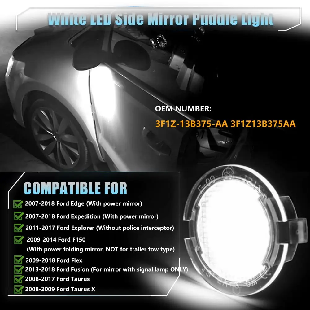 

2Pcs Canbus No Error LED Side Mirror Puddle Lights For Ford F150 Mondeo Mk5 Mustang Edge Explorer Expedition Flex 6000K White