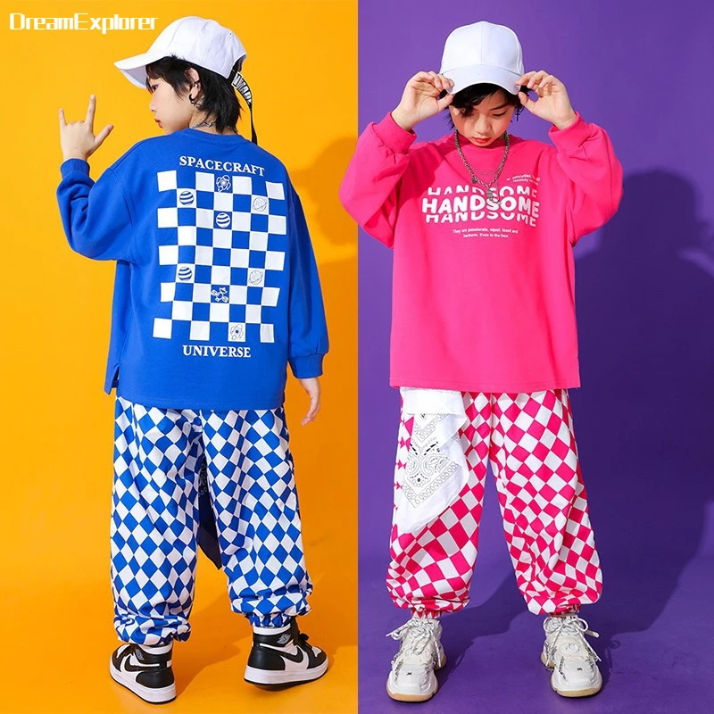 Hip Hop Boys Sweatshirt Street Dance Plaid Joggers Pants Girls Crop Top Sweet Skirts Child Fashion Clothes Set Kids Jazz Costume