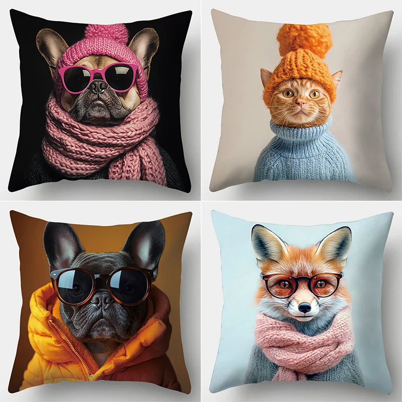 4Pcs Cute Animal Pillow Covers 45x45cm Double-sided Printed Cushion Cases Dog Cat Fox Home Decor Throw Pillows No Insert