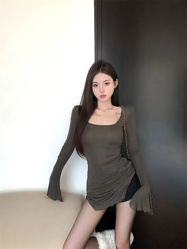 

Long Sleeve T-Shirts Womens Mesh Ruffle Tops Slim Fit Comfortable Spring Neutral Minimalist City Casual Cool Trendy Streetwear