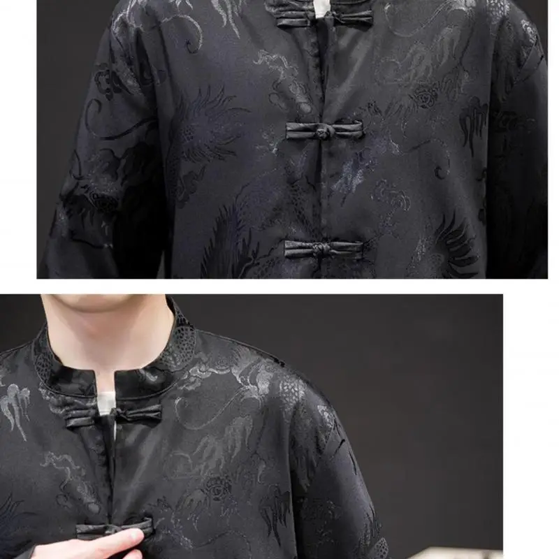 Oriental Style Long Sleeve Shirt Dragon Pattern Mandarin Collar Blouse with Frog Buttons Retro Loose Fit Fall Top for Men M-5XL