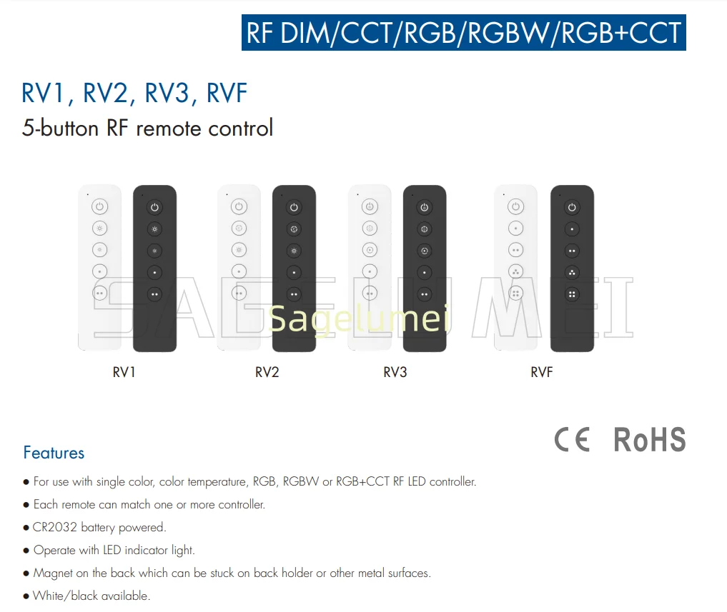 New RV1 1 Zone Dimming Controller RV2 2 Zones CCT RV3 RGB/RGBW/RGB+CCT Led Switch Dimmer 5-button RF Remote Control RVF 4 Scene