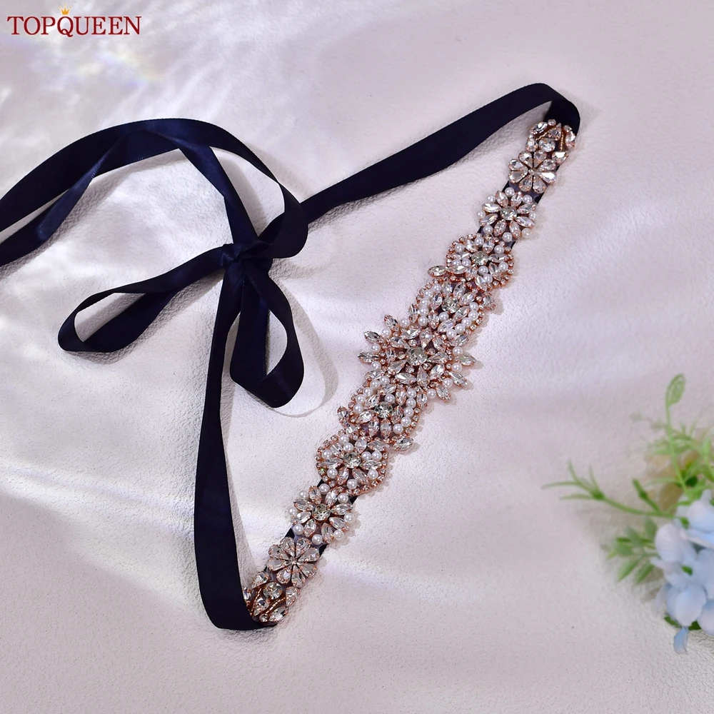 TOPQUEEN Bridal Rhinestone Belt Wedding Accessories Rose Gold Diamonds Applique Party Evening Gowns Sash Bridesmaid Belt S445-RG