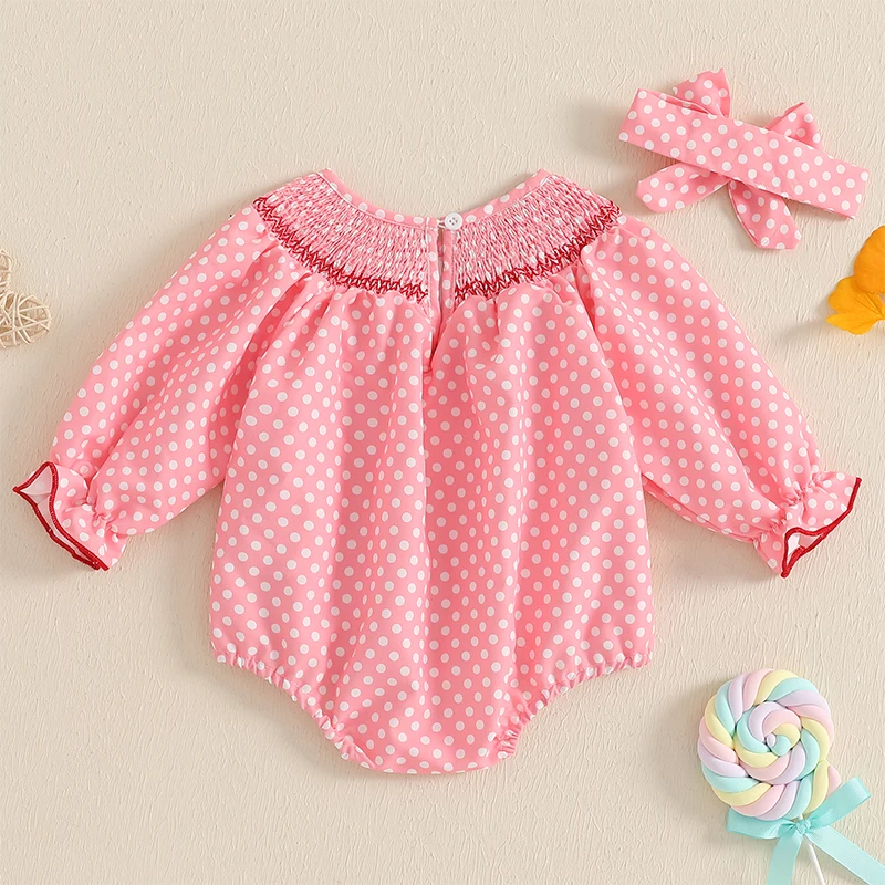 Toddler Girl Valentine's Day Romper Heart Embroidered Dot Bubble Long Sleeve Smocked Round Neck Ruffled Jumpsuits Headband