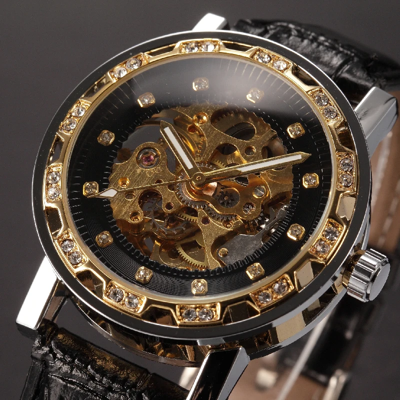 FORSINING Classic Men Watch Automatic Skeleton Mechanical Diamond Crystal Bezel Transparent Male Casual Leather Strap Wristwatch