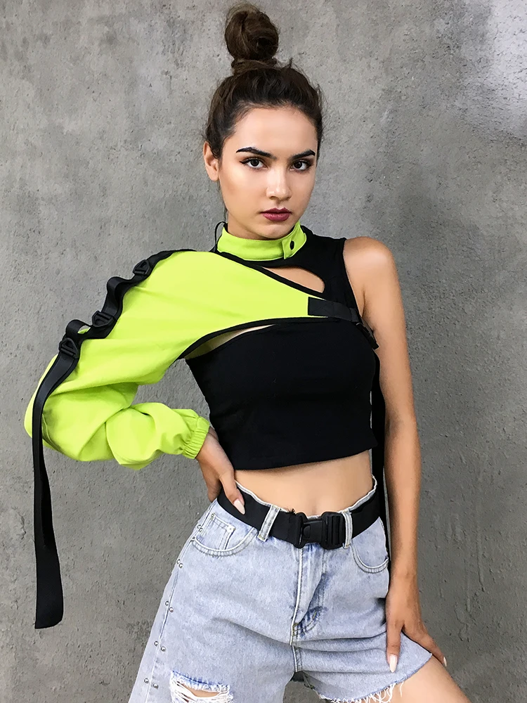 HEYounGIRL Neon Green One Shoulder Off Halter Top Harajuku Black Reflective Tshirt Women Hip Hop Street Wear Tee Shirt Femme