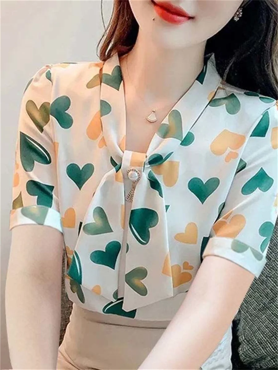 Women Spring Summer Blouses Shirts Lady Fashion Casual Short Sleeve Printing Heart-shaped Blusas Tops WY0282