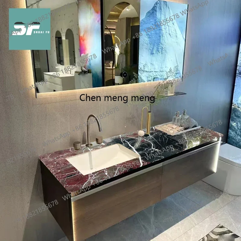 YL Luxury stone countertop bathroom cabinet combination bathroom washing hand basin solid wood baking paint customization