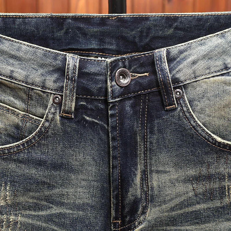 Trendy brand high-end denim shorts men's summer retro nostalgic blue stretch trendy street denim five quarter pants