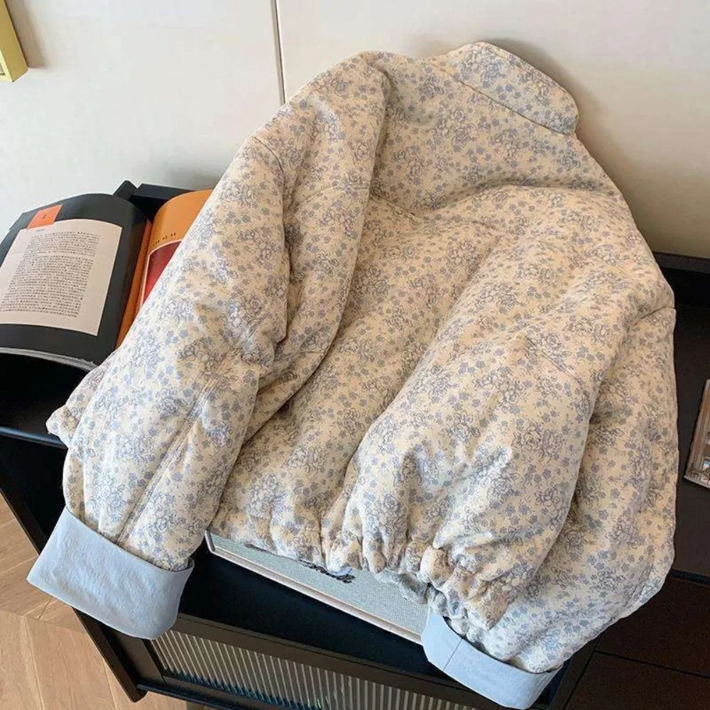 2025 Literary Korea Gentle Print Veste Femme Stand Collar Short New Age Reduction Jacket Casual Warm Thicked Panelled Mujer