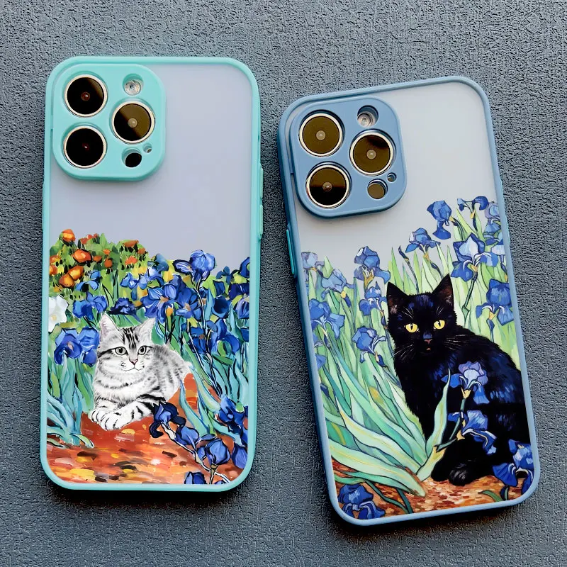 Claude Monet Funny Cat Art Phone Case For iPhone 14 15 Pro Max Plus 16 11 12 13 Pro Max Mini X XR XS 7 8 Cover Shockproof Coque