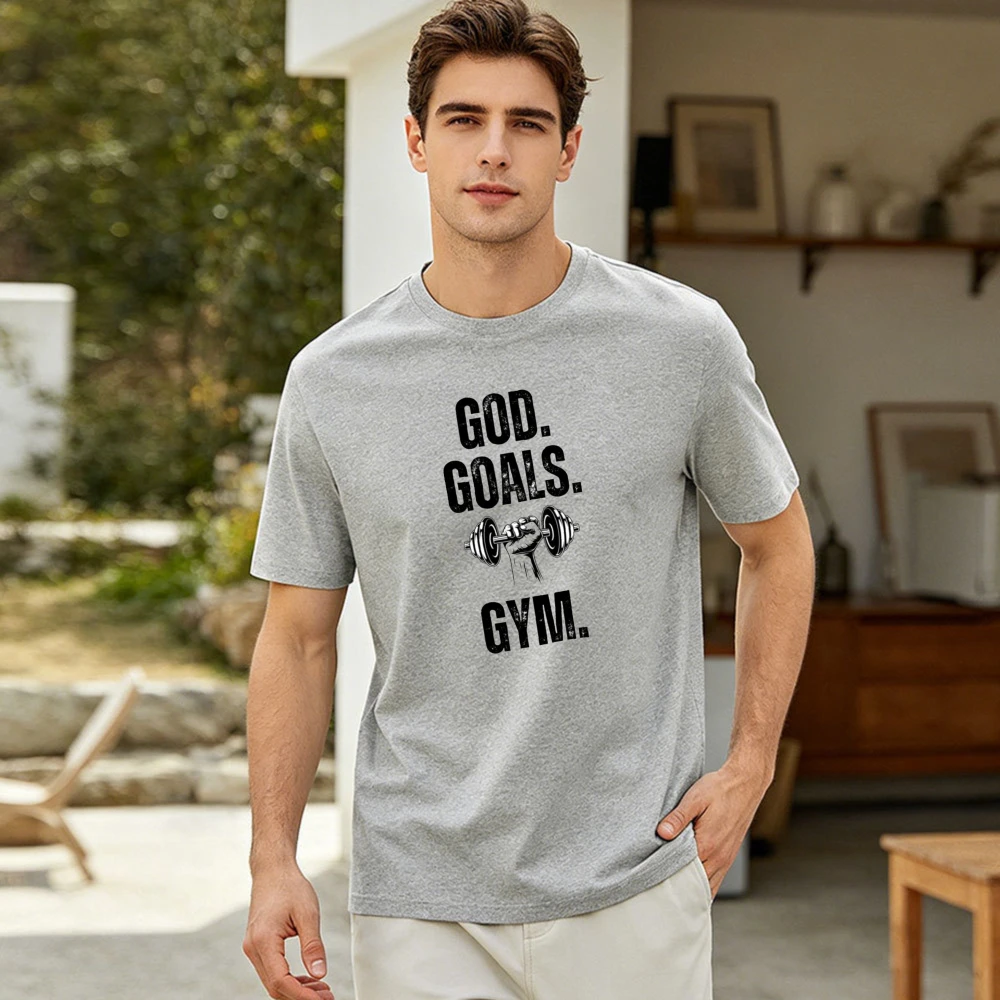 God Goals Gym Dumbbell Vintage Text Men Summer Cotton T Shirt Faith Fitness Motivational Slogan Short Sleeve Apparel
