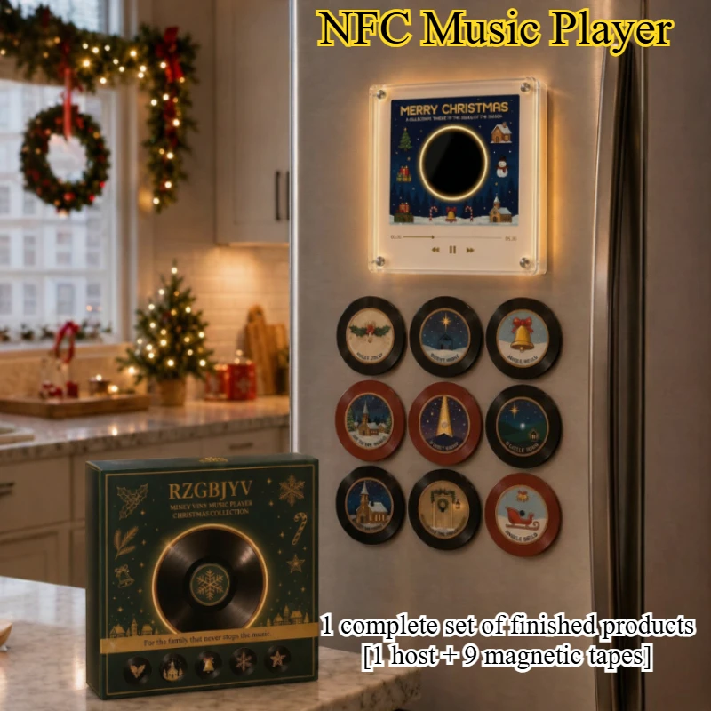 Christmas NFC Magnetic Vinyl Record Player Ambient Night Light Acrylic Music Player with 9 Replaceable Discs Fridge Ornament